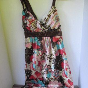 Boho Satin Halter Summer Dress, Halter Dress Brown Pink Teal Summer Dress sz 9